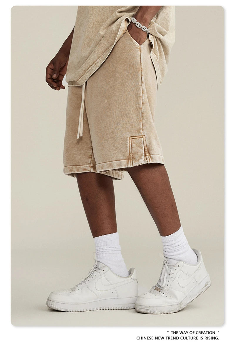 ZODF 2024 Summer Men 350gsm Washed Cotton Shorts Unisex Retro High Street Loose Side Slit Short Pants Streetwears HY0839