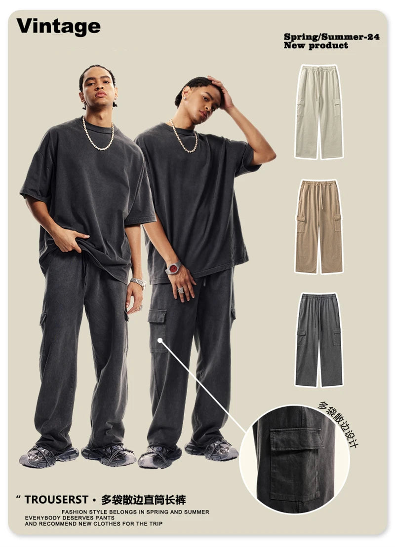 ZODF New 2024 Spring Summer 358gsm Cotton Cargo Pants For Men Unisex Casual Washed Straight Multi-Pockets Loose Trousers HY0829