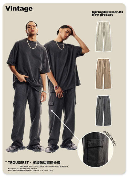 ZODF New 2024 Spring Summer 358gsm Cotton Cargo Pants For Men Unisex Casual Washed Straight Multi-Pockets Loose Trousers HY0829