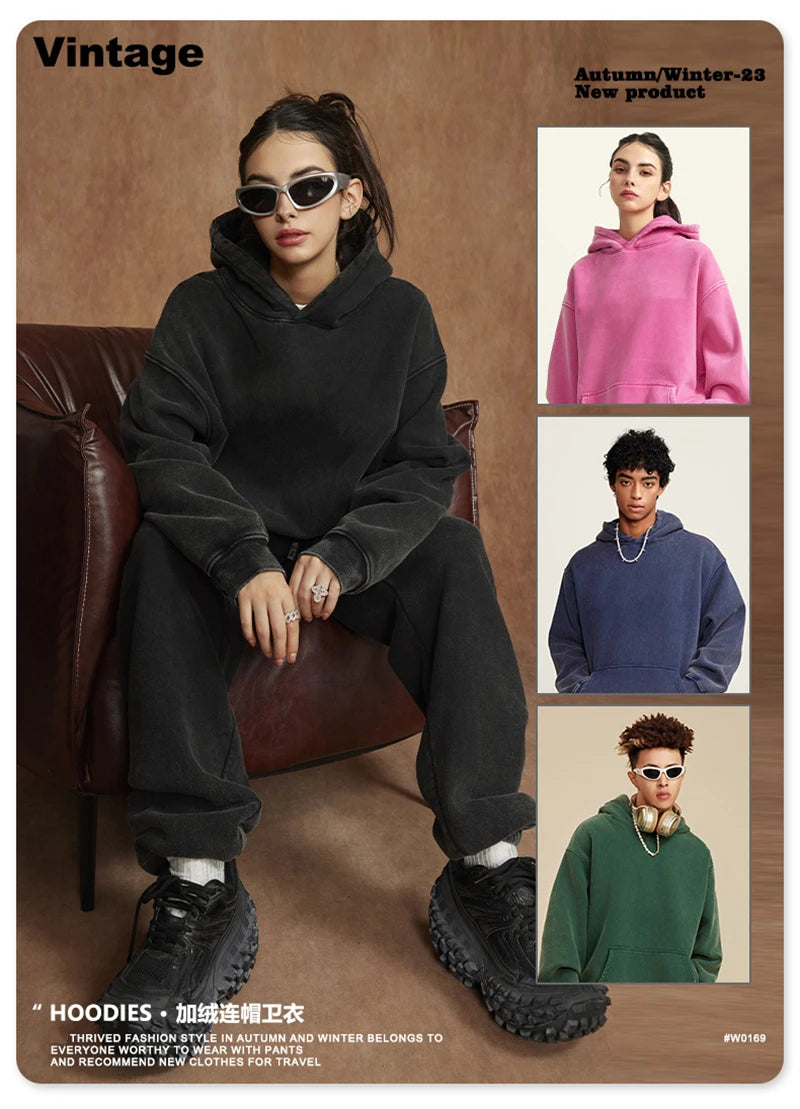 ZODF Winter Autum Men's Washed 400gsm Fleece Hoodies Unisex Couple Retro Oversized Ripped Hooded Sweatshirts Pullovers HY0652
