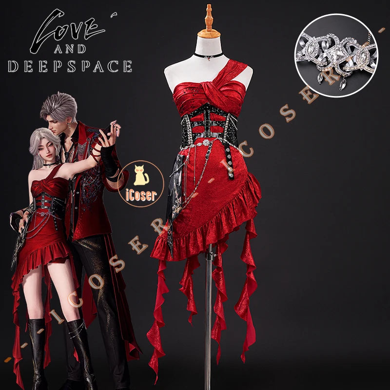 Love and Deepspace MC Cosplay Costume Midnight Waltz Red Dress Heroines New Skin Outfit Sylus Halloween Party for Women Girls