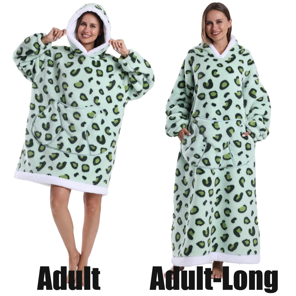 Winter Hoodies Women Men Clothes Blue Leopard Sweatshirt Korean Style Pullover Fleece Giant Oversized Blanket with Long Sleeves