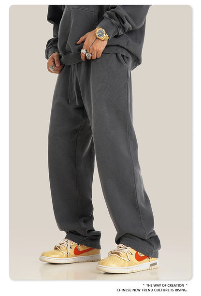ZODF Retro Men Autumn Washed 380gsm Cotton Unisex High Street Oversized Solid Sport Straight Pants HY0885