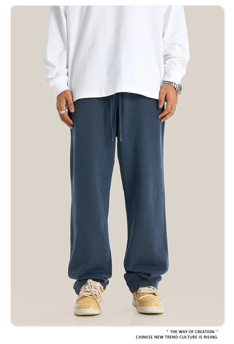 ZODF Retro Men Autumn Washed 380gsm Cotton Unisex High Street Oversized Solid Sport Straight Pants HY0885