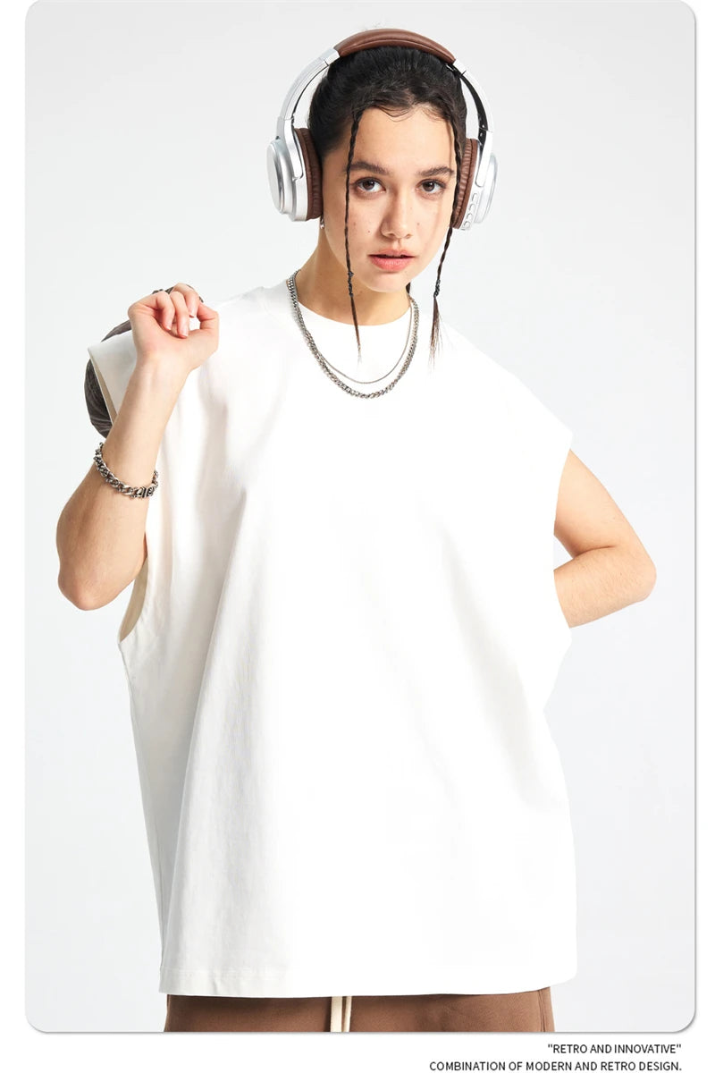 ZODF Trendy Men Summer Solid Cotton Tank Tops Unisex Oversized 275gsm Patchwork Sleeveless Tees Vests HY1051