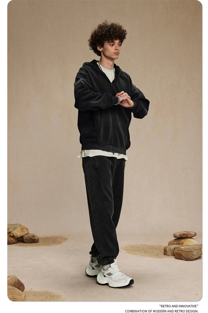 ZODF Retro Winter Men Spray-Dyed Zipper Hoodies Unisex Loose 360gsm Zipper Fleece Hooded Sweatshirt Pullovers Coats HY0719