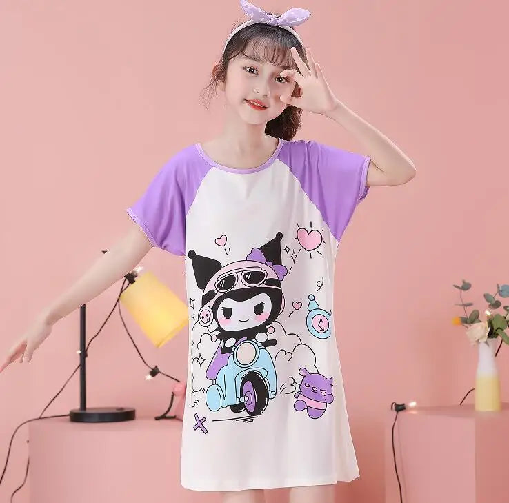 MINISO Children Home Clothing Girls Night Dress Summer Short Sleeve Disney Hello Kitty Cat Toddler Girl Pjs Nightgown Sleepwear