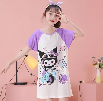 MINISO Children Home Clothing Girls Night Dress Summer Short Sleeve Disney Hello Kitty Cat Toddler Girl Pjs Nightgown Sleepwear