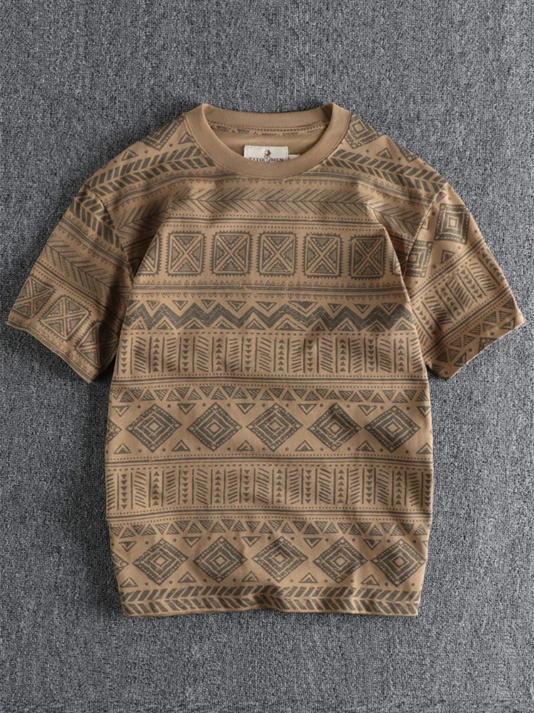 6013# Summer New American Retro Short Sleeve O-neck Geometric Printed T-shirt Men's Fashion 100% Cotton Washed Loose Casual Tops