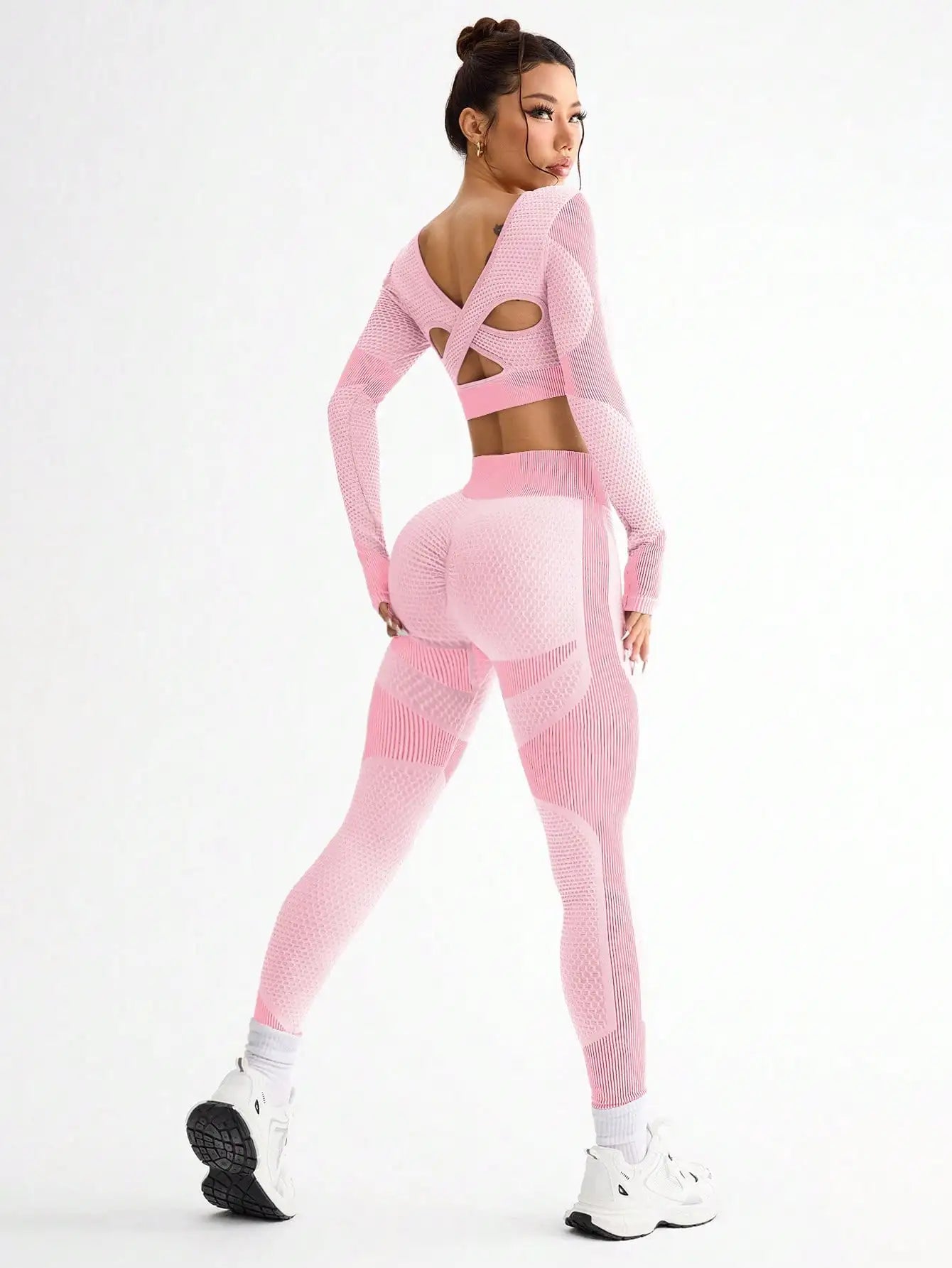 2pcs Women’s Seamless Breathable Sports Yoga Running Fitness Suit - Pink / L