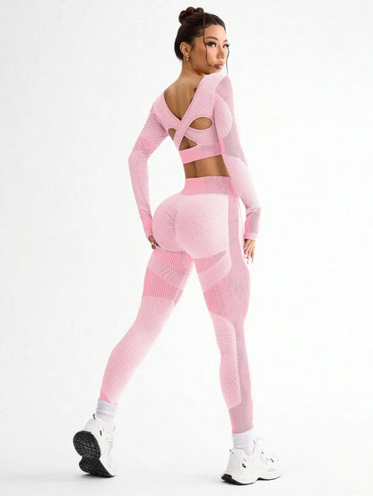 2pcs Women’s Seamless Breathable Sports Yoga Running Fitness Suit - Pink / L