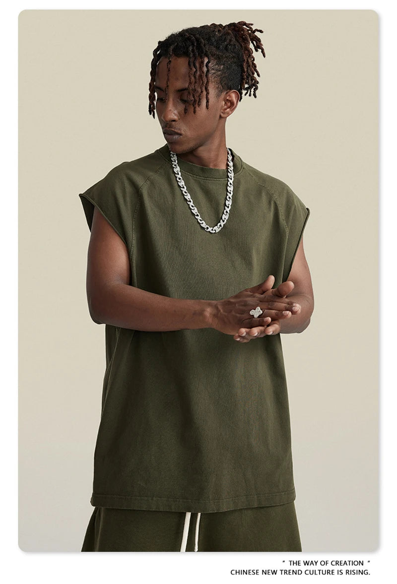 ZODF American Retro Men Washed Solid Tank Tops Women Unisex Loose Edge 275gsm Cotton Sleeveless Tees Brand Streetwears HY0503