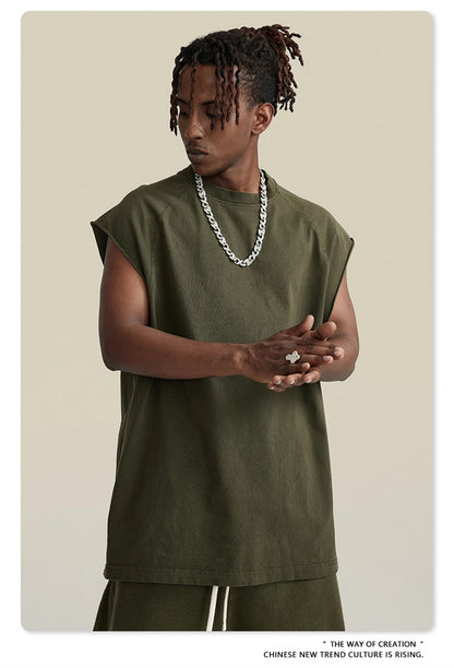 ZODF American Retro Men Washed Solid Tank Tops Women Unisex Loose Edge 275gsm Cotton Sleeveless Tees Brand Streetwears HY0503