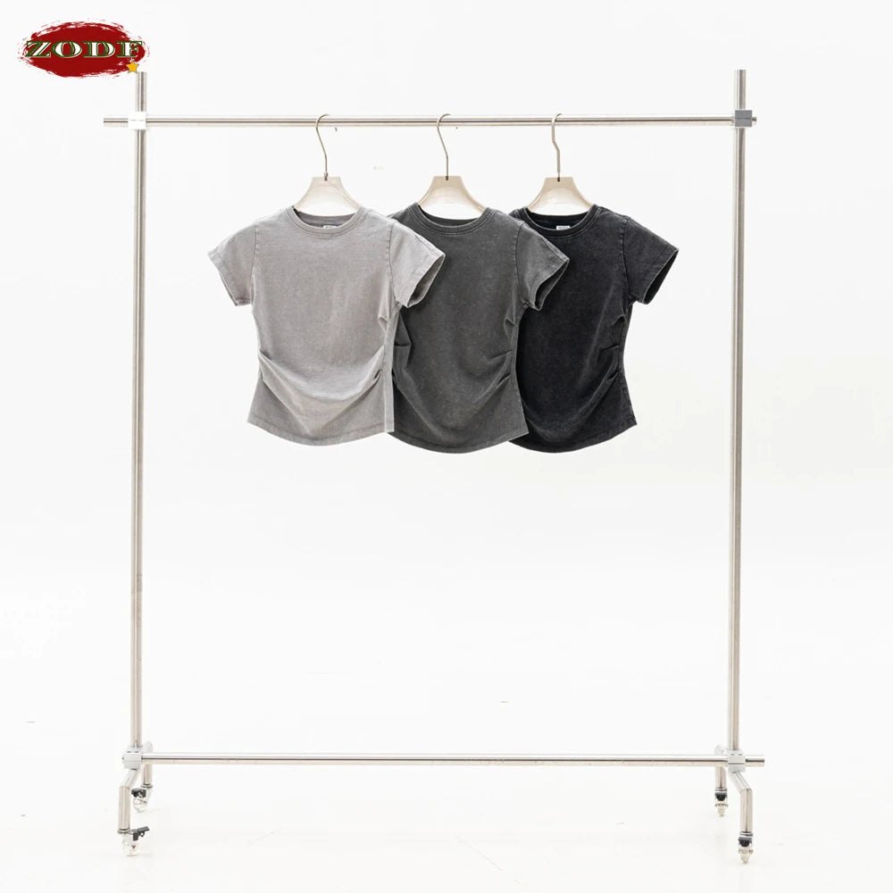ZODF Retro 2025 Summer Women 285gsm T-Shirts Hotsweet Girls Sexy Slim Fit Washed Distressed T Shirt Brand Tees HY1013