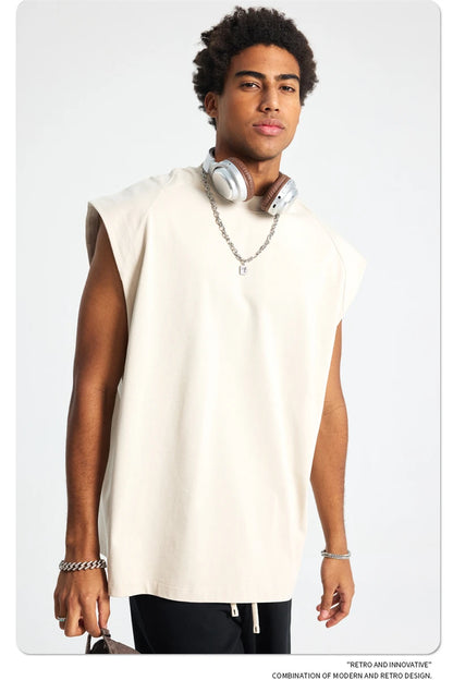 ZODF Trendy Men Summer Solid Cotton Tank Tops Unisex Oversized 275gsm Patchwork Sleeveless Tees Vests HY1051