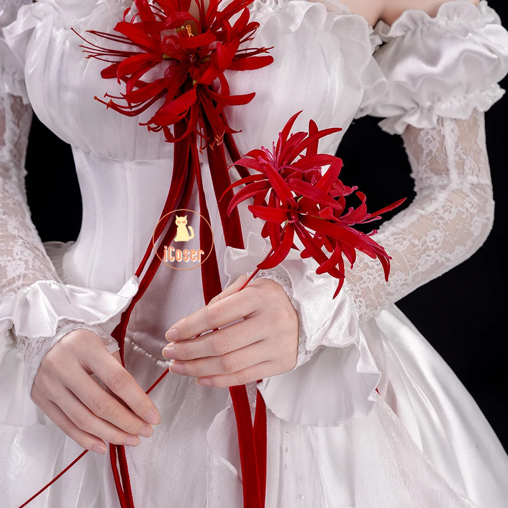 Wuthering Waves Phrolova Cosplay Costume Wig Dress White Spider Lily Layered Gown Headwear Halloween Party for Women Girls Props