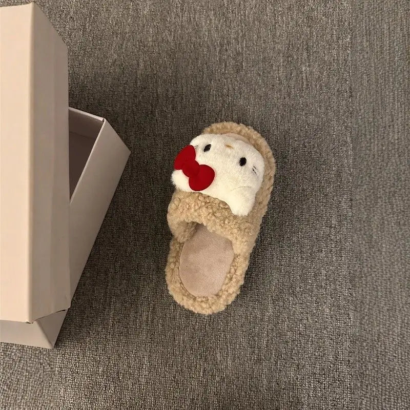 New Sanrio Sweet Hello Kitty Warm Cotton Slippers For Student Dormitory Comfortable One Word Hairy Adult Cotton Slippers