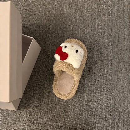 New Sanrio Sweet Hello Kitty Warm Cotton Slippers For Student Dormitory Comfortable One Word Hairy Adult Cotton Slippers