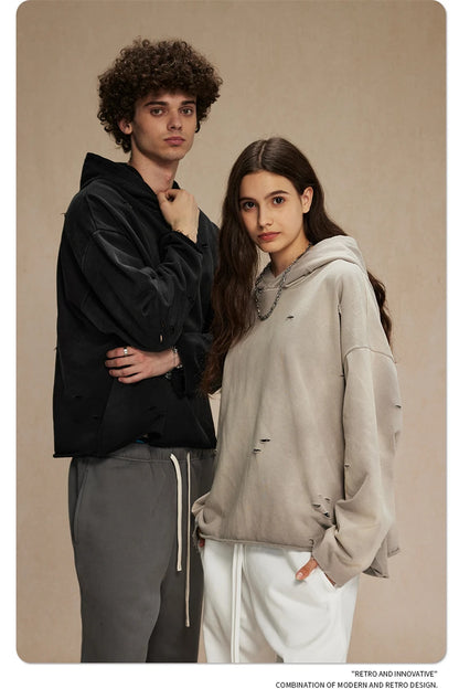 ZODF New Autumn Winter Men Monkey Washed Hoodies Unisex Disstressed Ripped Heavyweight Knitted 450gsm Hooded Pullovers HY0909