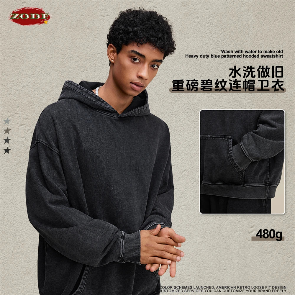 ZODF Retro Heavy Weight 480gsm Cotton Hoodies For Man Unisex Oversized Washed Distressed Hooded Pullovers Brand Coats HY1115