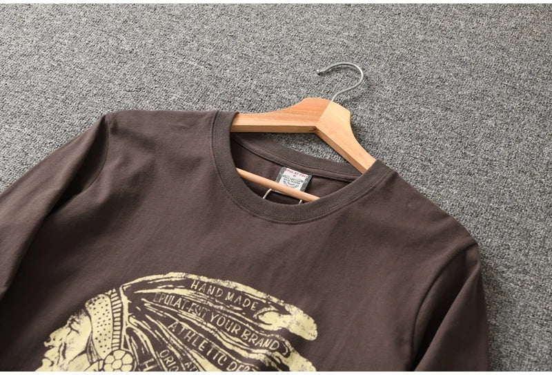 Autumn New American Retro Long Sleeve O-neck Indian Printed T-shirt Men's Fashion 100% Cotton Washed Casual Bottoming Tops