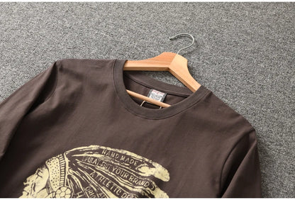 Autumn New American Retro Long Sleeve O-neck Indian Printed T-shirt Men's Fashion 100% Cotton Washed Casual Bottoming Tops