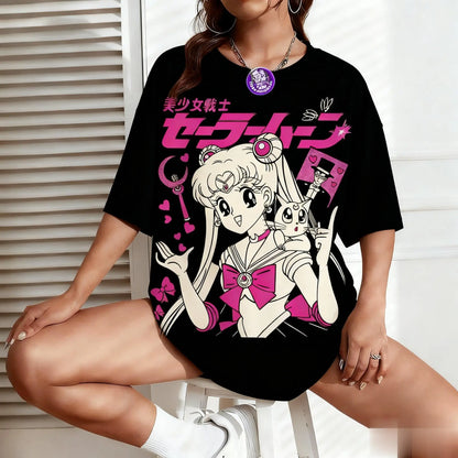 Sailor Moon Anime Print Men Women T-shirt Japanese Cartoon Short Sleeve Graphic Tee Kawaii Summer Oversized Casual Streetwear