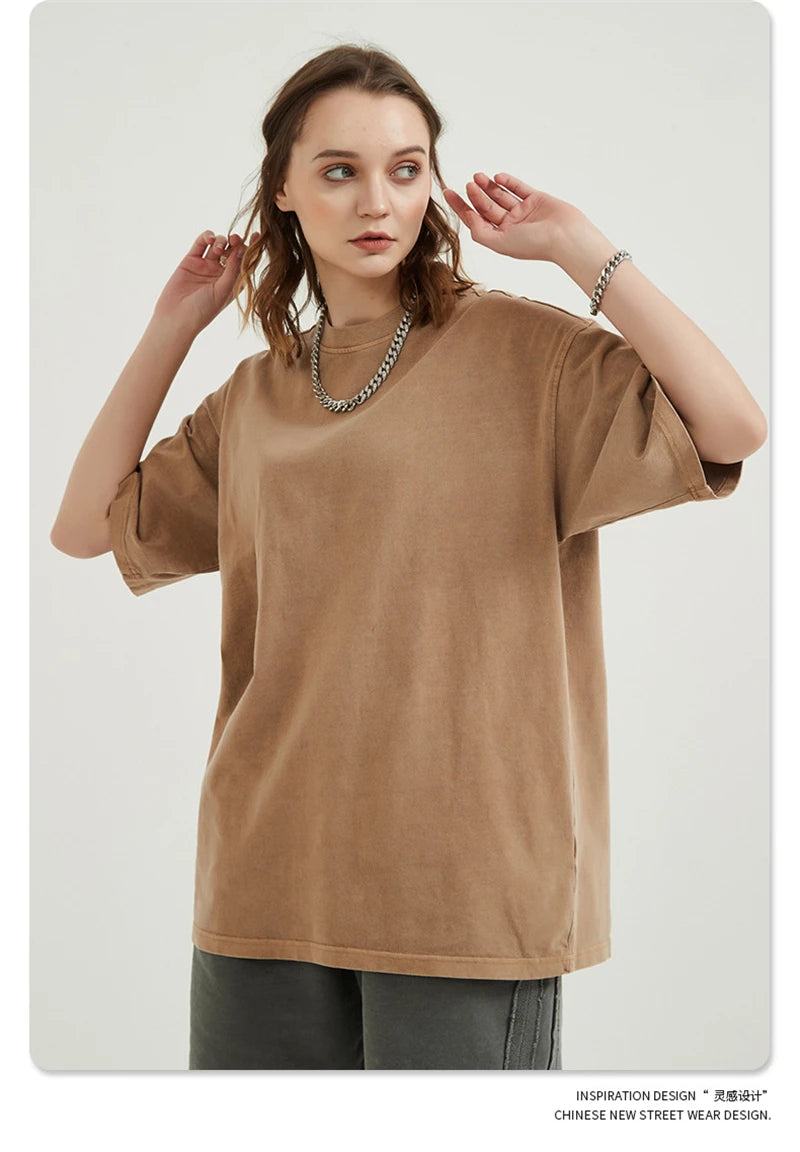 ZODF Men 2024 Retro Summer Washed Solid Cotton T-Shirts Unisex Retro Loose High Street 250gsm Basic Tees Streerwears HY0075