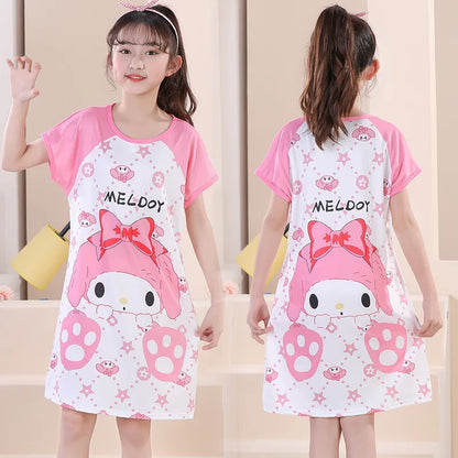 MINISO Children Home Clothing Girls Night Dress Summer Short Sleeve Disney Hello Kitty Cat Toddler Girl Pjs Nightgown Sleepwear
