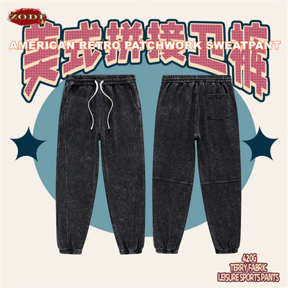 ZODF New Autumn Winter Batik Washed Cotton Sweatpants For Men Unisex Distressed Patchwork Loose 420gsm Sport Jogger Pants HY0724