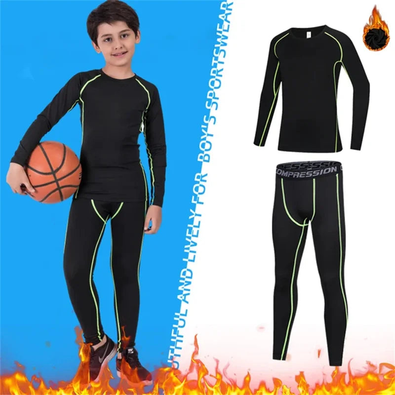 Kids Fitness Tracksuits Youth Warm Compression Pants and Tops Sportswear for Boys Running Basketball - Blue