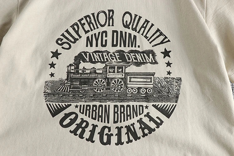 Summer American Retro Short-sleeved O-neck Locomotive Printed T-shirt Men's Fashion Simple 100% Cotton Washed Casual Sport Tops