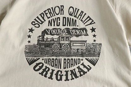 Summer American Retro Short-sleeved O-neck Locomotive Printed T-shirt Men's Fashion Simple 100% Cotton Washed Casual Sport Tops