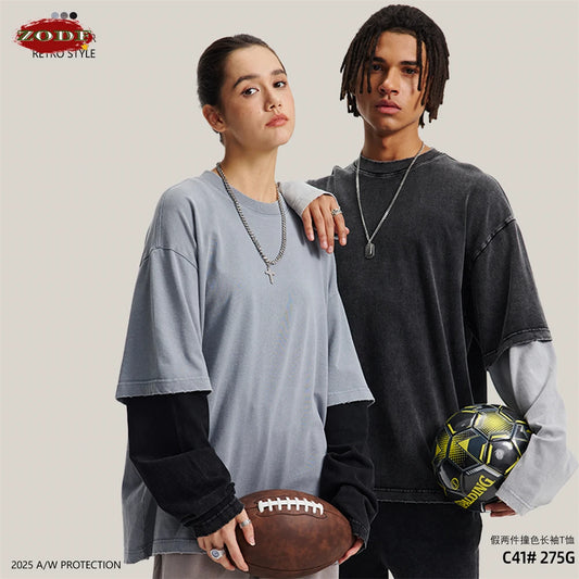 ZODF Retro Fake 2-Piece Cotton T-Shirts For Man Unisex Distressed Full Sleeve Washed O Neck T Shirt Brand Tees HY1156