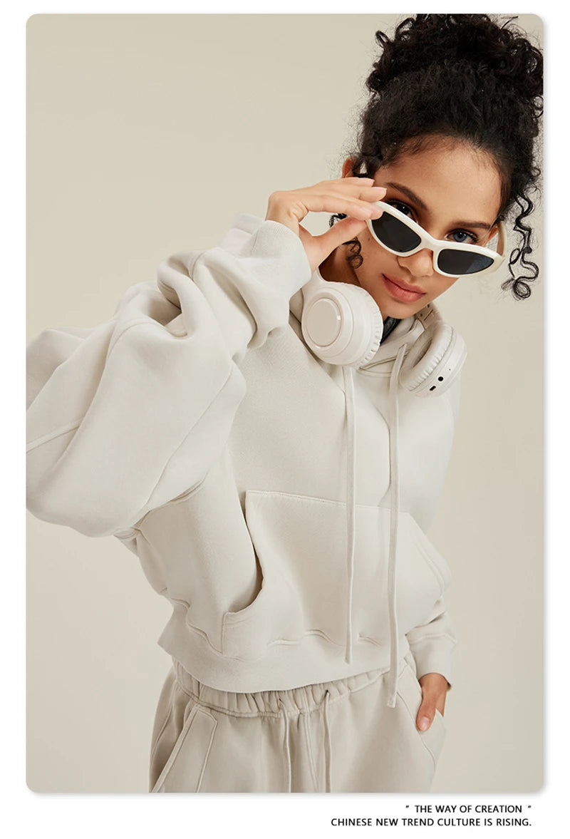 ZODF Women Hotsweet 2025 Winter Washed Fleece Crop Hoodies Girls Oversized Raglan Sleeve 400gsm Hooded Pullovers HY0648