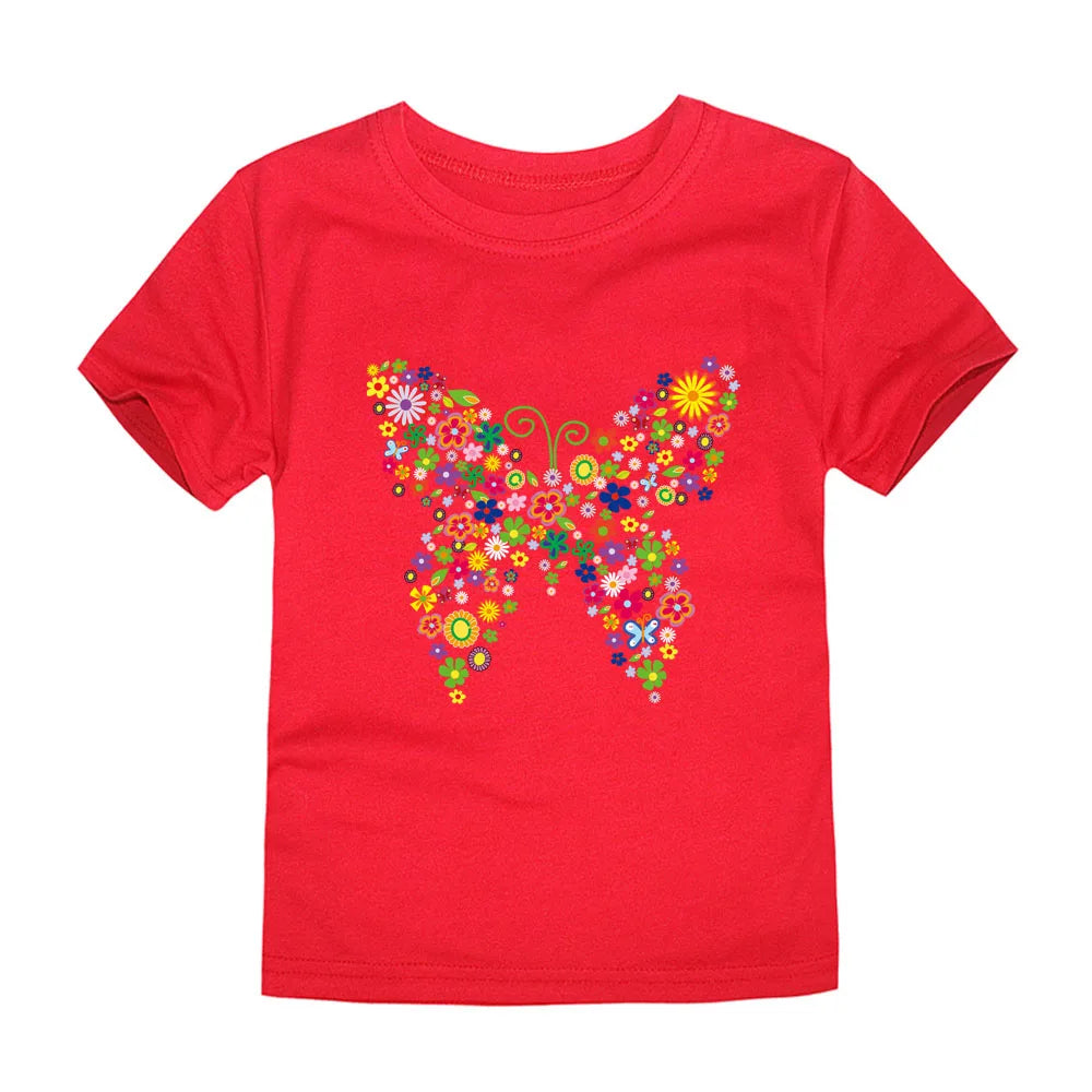 2024 New Kids Girls T-shirt Teen 100% Cotton Flower Butterfly Tshirt Green White Korean Summer Tops Clothing 2 4 6 8 10 12 Years