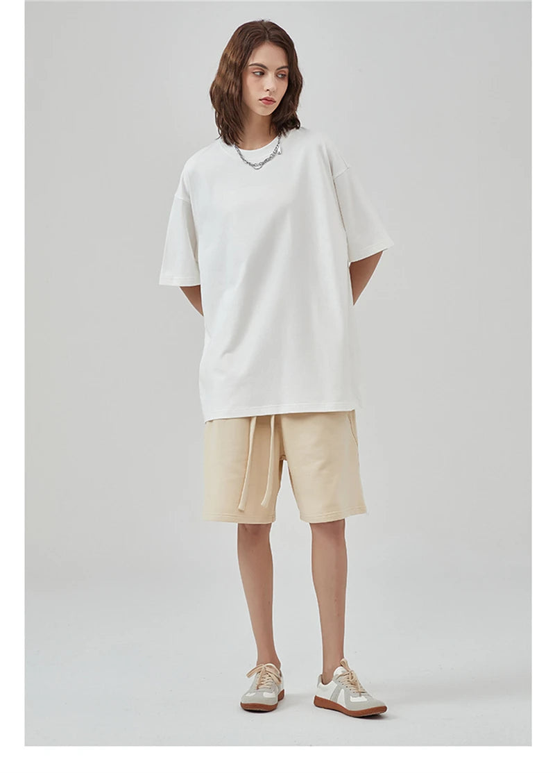 ZODF New Summer Men 275gsm Cotton T Shirts Unisex Women High Street Oversized FG Noshrink Solid T-Shirt Streetwears HY0152