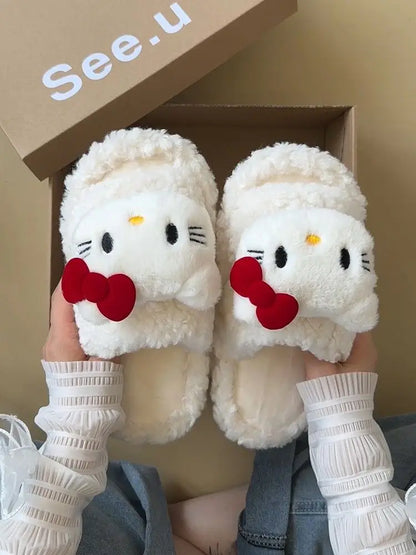 New Sanrio Sweet Hello Kitty Warm Cotton Slippers For Student Dormitory Comfortable One Word Hairy Adult Cotton Slippers