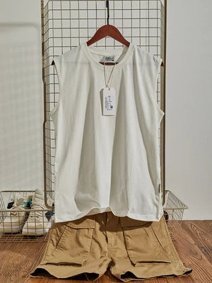 Summer New American Retro Sleeveless O-neck Soild Color T-shirt Men's Fashion 100% Cotton Washed Old Casual Sports Vest Tops