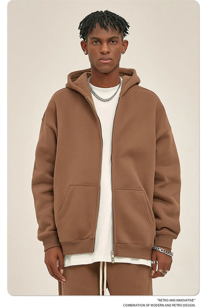 ZODF New Men Double Headed Zipper Fleece Hoodies Unisex Loose Basic Solid Warm Hooded Sweatshirts Coats For Winter HY0633