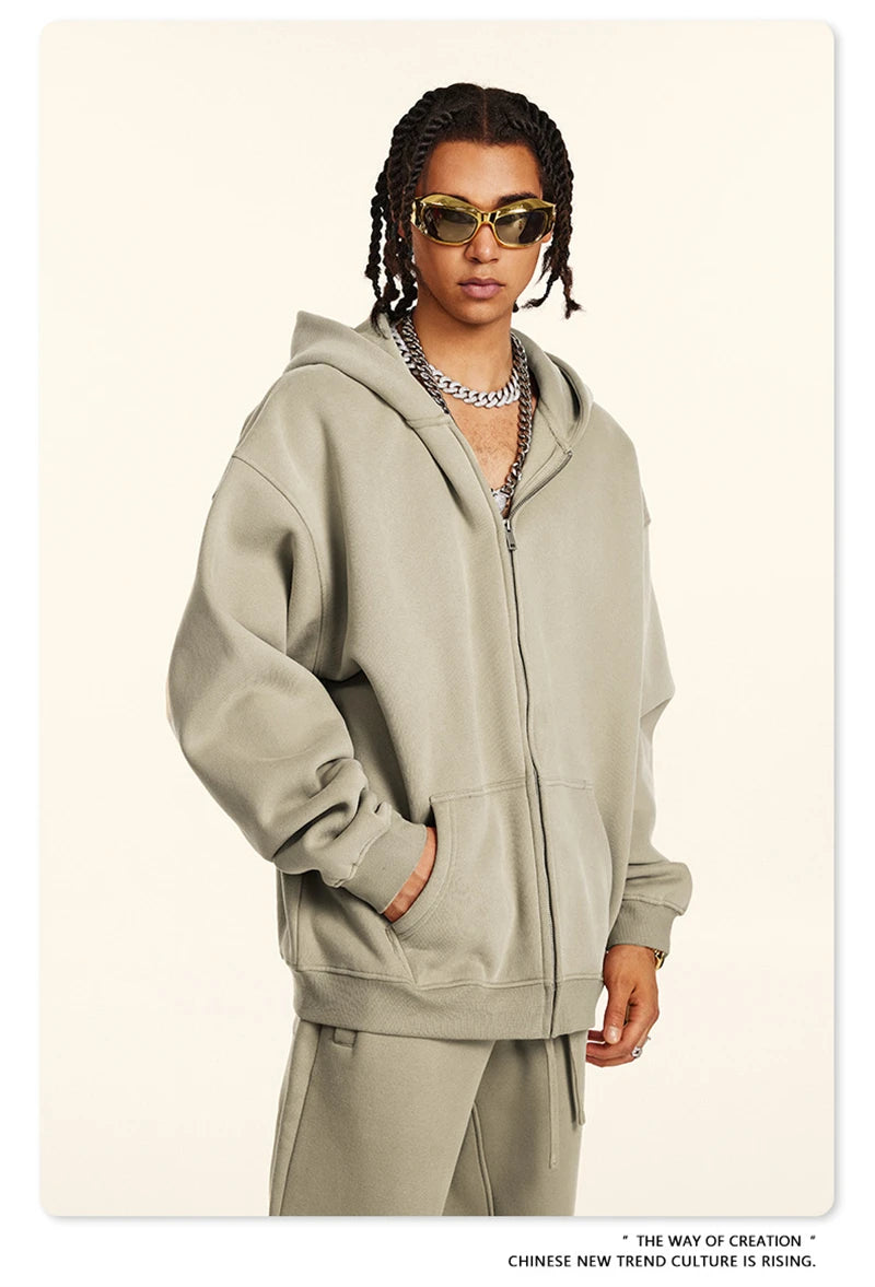 ZODF Fashion Winter Men Warm Zipper Fleece Hoodies Unisex Loose Basic 345gsm Knitted Hooded Hoodie Coats HY0904