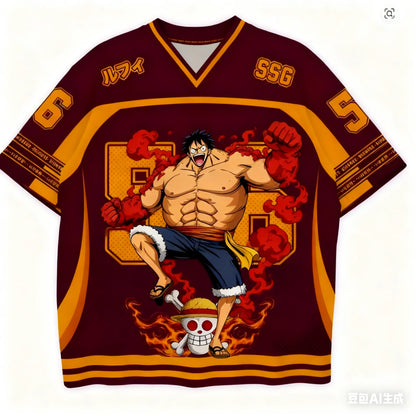 2526 New Bandai Anime One Piece Luffy Summer Jersey T-shirt Oversized 3D Adult and Children's Multifunctional Top Christmas