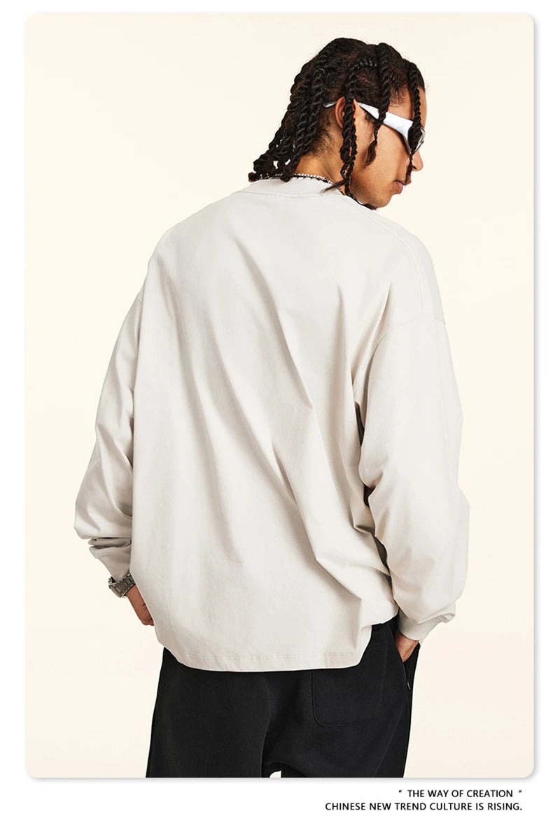 ZODF New 2024 Autumn 225gsm Loose Solid T-Shirt For Men Retro Unisex Antibacterial Full Sleeve T Shirts Brand Tops HY0871