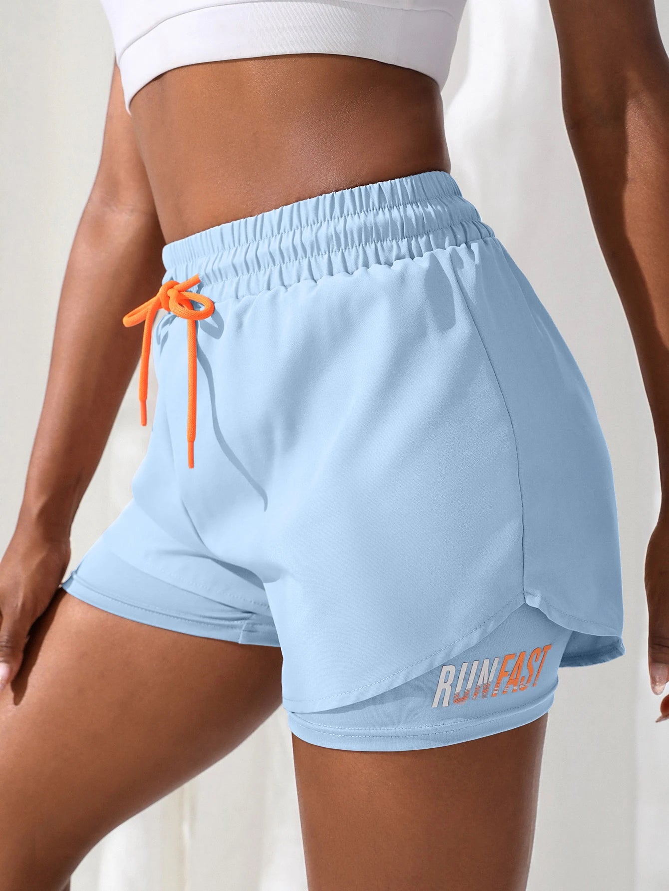 Women’s High Rise Elastic Waist Yoga and Running Shorts Fake Two-Piece Design - Sky Blue / L