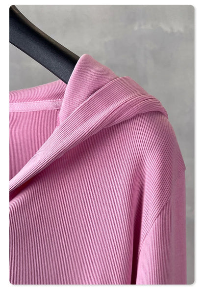 ZODF Sexy Women Autumn Washed 275gsm Hooded T Shirt Ladies Girls Slim Fit Distressed Side Pleated T-Shirts Tees HY1149