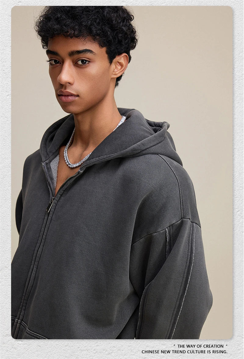 ZODF Retro 2025 Autumn Winter Unisex Zipper Fleece Hoodie 400gsm Washed Batik Warm Hooded Coat HY1084