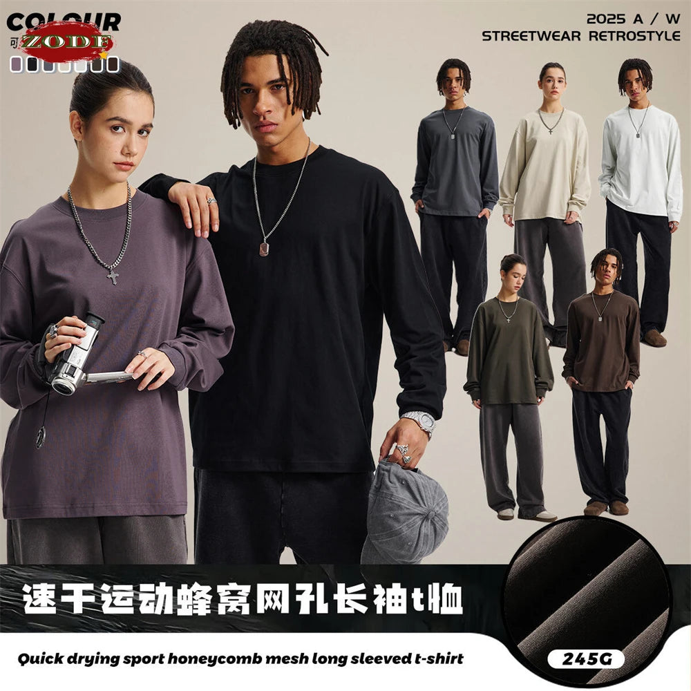 ZODF Trendy Autumn Full Sleeve 245gsm T-Shirts For Men Unisex Loose Solid Quick Dry Antibacterial T Shirt Brand Tees HY1162