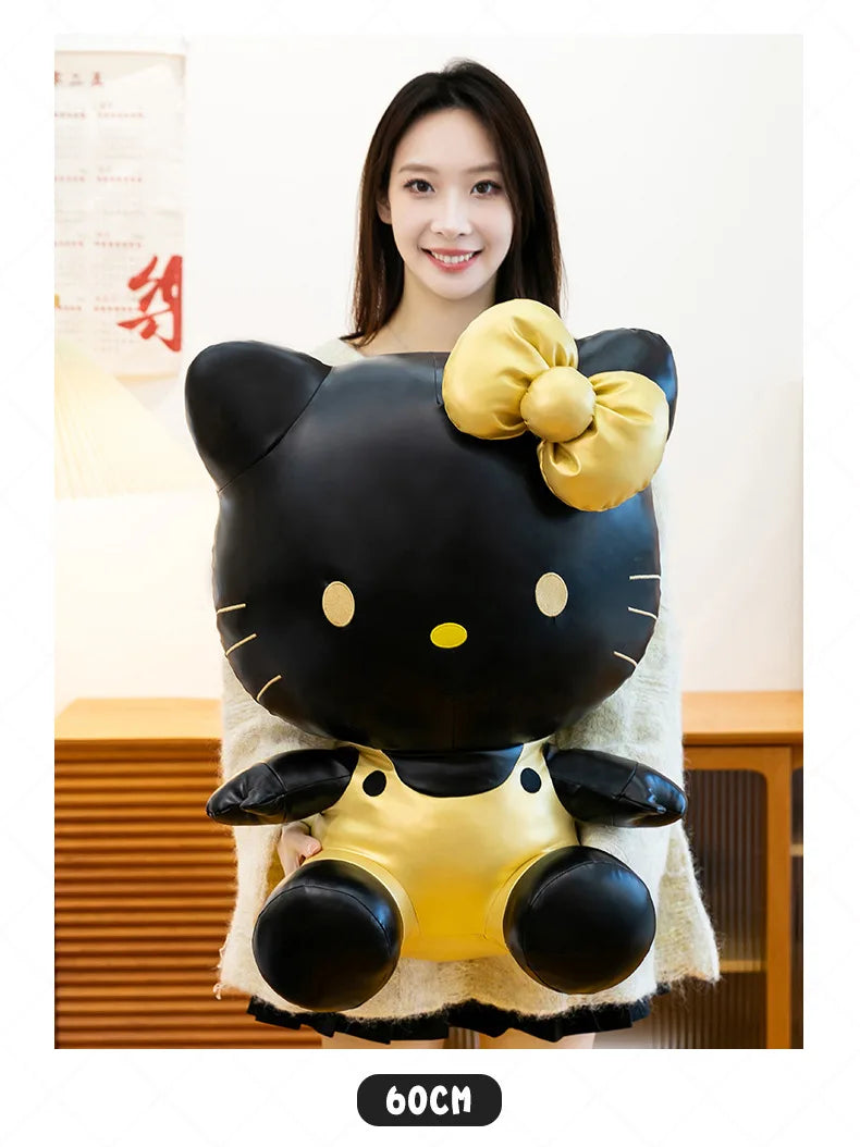 Cute Hello Kitty Plush Toy Black Gold Leather Cute Stuffed Animal Doll Kids Birthday Xmas Gift for Girls Plushie Pillow Present