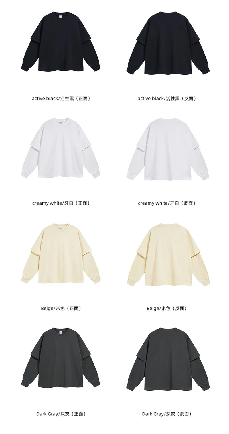 ZODF Fashion Spring Autumn Men 100% Cotton T-Shirt Unisex Fake 2-Piece 305gsm Solid Full Sleeve O Neck T Shirt Brand Tees HY0925