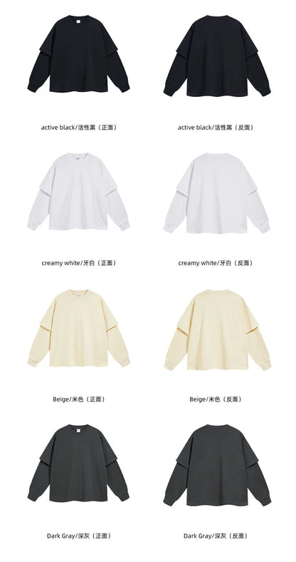 ZODF Fashion Spring Autumn Men 100% Cotton T-Shirt Unisex Fake 2-Piece 305gsm Solid Full Sleeve O Neck T Shirt Brand Tees HY0925